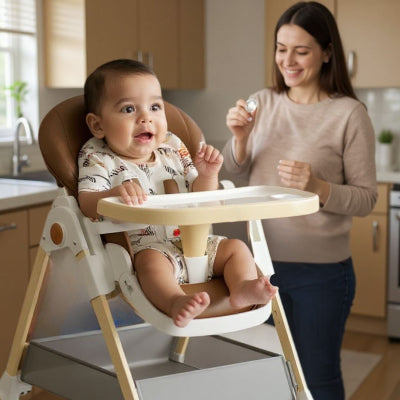 Chaise haute bébé évolutive marron avec bébé souriant attaché au harnais, maman en arrière-plan, chaise haute autour de bébé pratique et design.