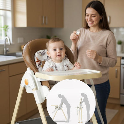 Bébé assis dans une chaise haute bébé évolutive marron avec maman en arrière-plan, chaise haute pliable et compacte avec harnais 5 points sécurisé.