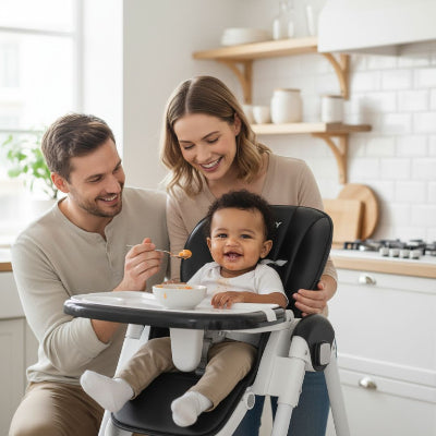 Chaise haute bébé évolutive noire avec harnais de sécurité, bébé nourri par ses parents dans une cuisine moderne, confort et stabilité assurés.
