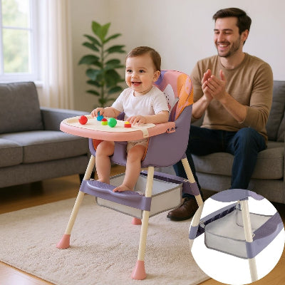 Papa jouant avec son bébé installé dans une chaise haute bébé évolutive pliable avec plateau de jeux colorés, chaise pour bébé table conviviale.