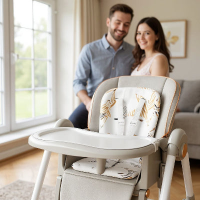 Chaise haute bébé évolutive mise en avant au premier plan avec parents souriants en arrière-plan, idéale pour les repas en famille.