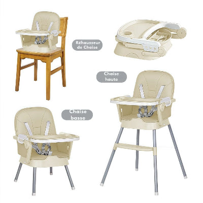 Chaise haute bébé évolutive pliable 3-en-1 beige sable, utilisable en réhausseur de chaise, chaise basse et chaise haute réglable pour repas ou jeux.