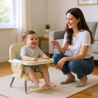 Chaise haute bébé évolutive pliante 3-en-1 en mode chaise basse beige, bébé installé avec sa maman dans le salon pour jouer et manger en sécurité.