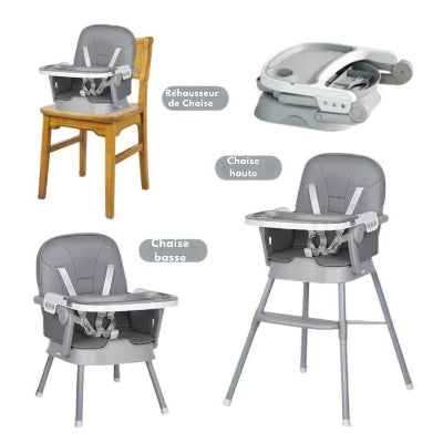Chaise haute bébé évolutive 3-en-1 gris perle CroqueTout™, modulable en siège d’apprentissage, chaise basse et réhausseur pour repas et jeux.