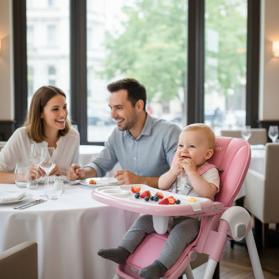 Bébé assis dans une chaise haute évolutive rose, profitant d’un repas au restaurant avec ses parents, confort et sécurité garantis.
