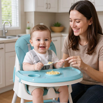 Chaise haute évolutive pliable bleue avec coussin rembourré, bébé souriant en mangeant avec sa maman dans la cuisine.