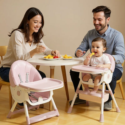 Chaise haute bébé design pliable en version rose pastel, utilisable en chaise haute ou basse avec plateau repas double fonction et coussin rembourré.