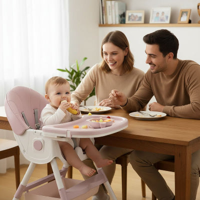 Chaise haute évolutive pliable en utilisation à table avec bébé, plateau repas modulable, siège confortable inclinable et sécurisé.