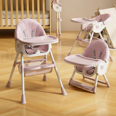 Lot de chaises hautes bébé pliables évolutives en rose, montrant différentes positions : chaise haute, chaise basse et version inclinable.
