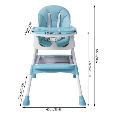 Schéma technique d’une chaise haute bébé pliable turquoise avec dimensions complètes, hauteur réglable et assise ergonomique.