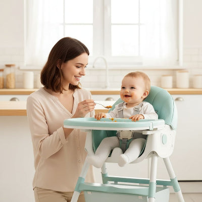Chaise haute bébé pliable évolutive en bleu clair, dossier inclinable et assise confortable, bébé mange avec maman dans la cuisine.