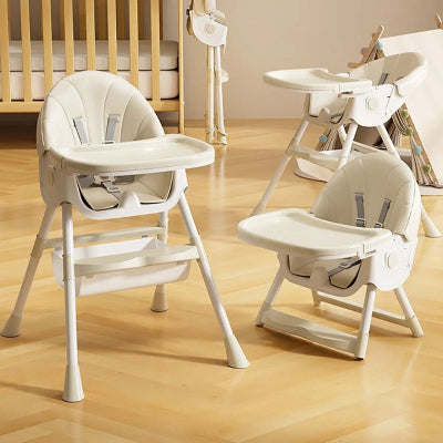 Chaise haute confortable pour bébé en version pliable et évolutive, coloris beige, idéale comme siège de table pour repas et jeux.