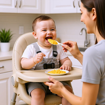 Chaise haute bébé pliable évolutive en position haute coloris beige, assise confortable avec plateau repas amovible et harnais de sécurité.