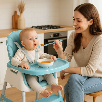 Maman donnant à manger à son bébé installé dans une chaise haute bébé pliable turquoise avec harnais 5 points et plateau repas amovible.