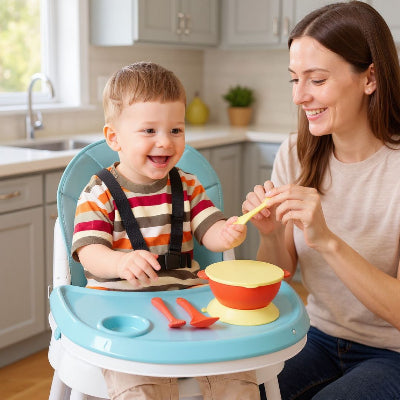 Bébé assis sur une chaise haute bébé pliable bleue avec plateau repas et accessoires, idéale comme chaise haute évolutive pour les repas en famille.