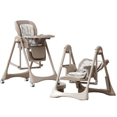 Chaise haute enfant évolutive beige, confortable et pliable pour un rangement facile dans la maison.