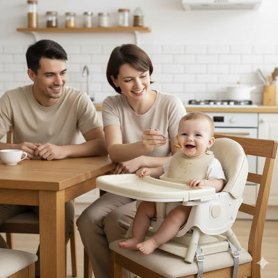 Chaise haute évolutive confortable pour bébé installée à table, repas en famille dans une cuisine moderne avec harnais sécurisé.