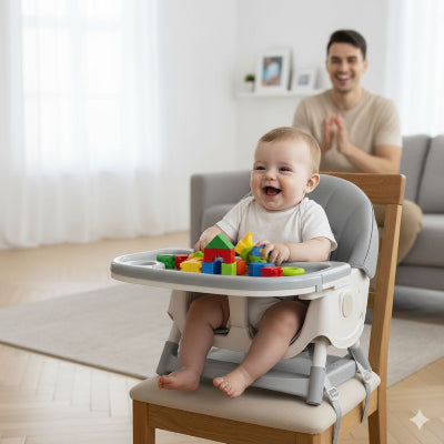 Chaise haute évolutive bébé design gris utilisée comme siège de table avec plateau repas transformé en espace de jeu avec jouets colorés.
