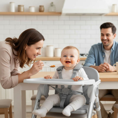 Chaise haute évolutive bébé inclinable avec coussin confortable, harnais de sécurité et plateau repas, moment de complicité en cuisine.