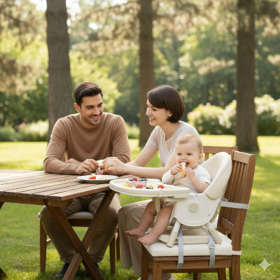 Chaise haute bébé évolutive et pliable utilisée en extérieur dans un jardin, repas en famille avec plateau repas modulable.