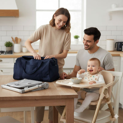 Chaise haute évolutive bébé pliable installée en cuisine, facile à transporter avec sac de voyage et plateau double repas.