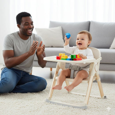 Chaise haute bébé évolutive et confortable utilisée comme siège bas, plateau repas transformé en table de jeux avec cubes colorés.