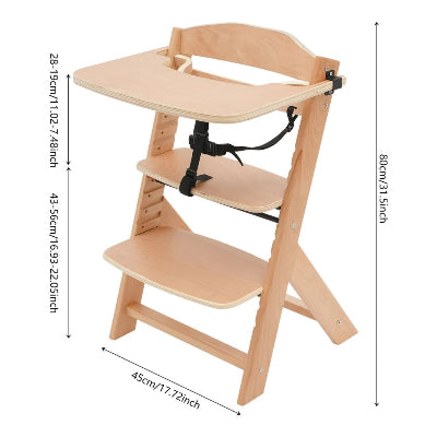 Dimensions détaillées de la chaise haute évolutive en bois, hauteur ajustable, repose-pieds réglable et plateau pratique pour repas bébé.