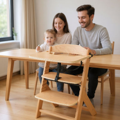 Famille avec bébé autour de la table, chaise haute en bois évolutive mise en avant, adaptée dès 6 mois pour repas sécurisés.