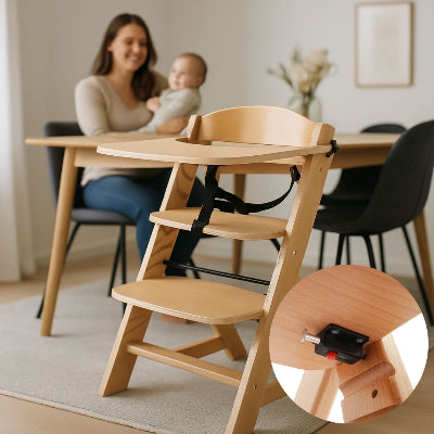 Chaise haute bébé en bois avec système de sécurité, mise en avant du verrouillage, maman tenant son bébé en arrière-plan.