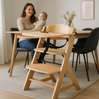 Maman tenant son bébé près de la table à manger, chaise haute en bois bébé évolutive avec plateau réglable en avant-plan.