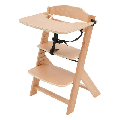 Chaise haute évolutive bois naturel avec plateau et harnais 3 points, chaise haute bébé bois sécurisée et réglable pour repas à table.