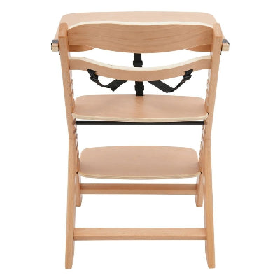 Chaise haute bébé bois vue arrière, structure solide en bois naturel avec assise réglable et harnais 3 points.
