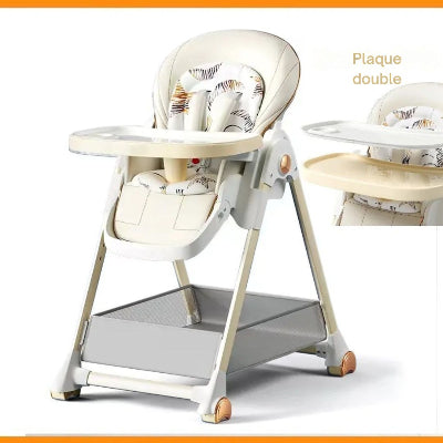 Chaise haute évolutive pliable avec double plateau amovible, assise rembourrée confortable et design moderne pour bébé dès 6 mois.