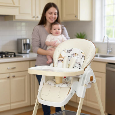 Chaise haute évolutive pliable installée dans une cuisine familiale, maman tenant son bébé avant de l’installer à table.