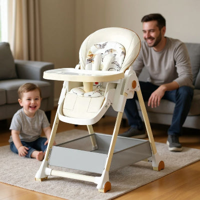 Chaise haute évolutive pliable en premier plan avec papa et bébé heureux dans le salon, sécurité et confort pour les repas.