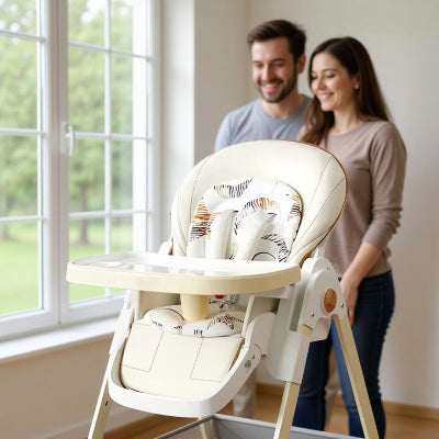 Chaise haute évolutive mise en avant dans un salon moderne, avec parents souriants observant bébé à table.