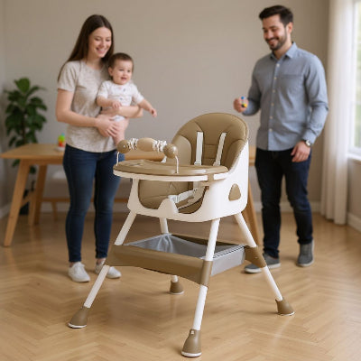 Coussin Allaitement pour Bébé mis en avant sur une chaise haute évolutive beige, parents et bébé à proximité pour un moment convivial.