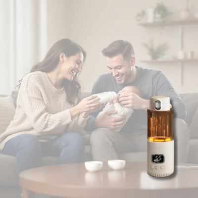 Parents heureux donnant le biberon à leur bébé assis sur le canapé, avec le chauffe biberon CozyHeat™ en premier plan maintenant la température idéale.