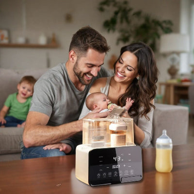 Chauffe biberon DuoWarm Elite™ placé au centre d’une scène chaleureuse avec deux parents nourrissant leur bébé, parfait pour les jeunes familles.
