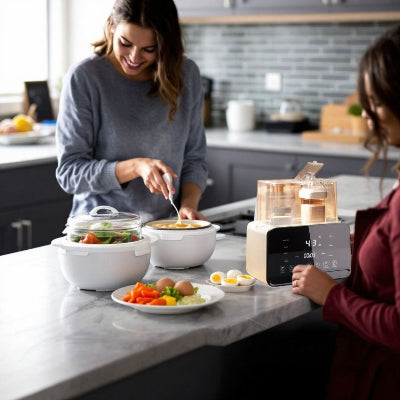 Chauffe biberon DuoWarm Elite™ posé sur un plan de travail en cuisine pendant que deux femmes préparent un repas sain, montrant sa praticité familiale.