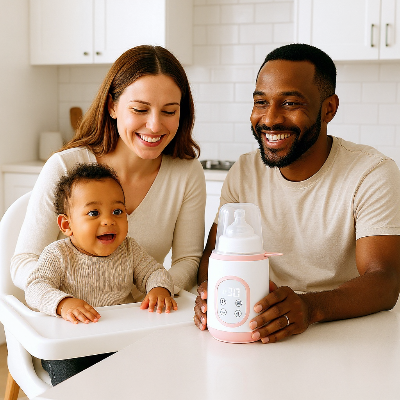 Papa et maman souriants avec bébé devant un chauffe biberon électrique intelligent, affichage LED et design rose – idéal pour lait maternel à température parfaite.