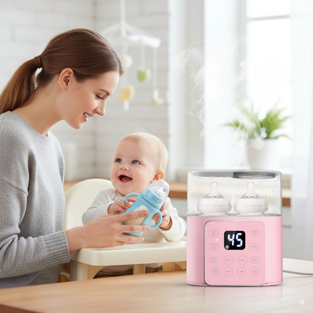 Maman donnant le biberon à son bébé assis sur une chaise haute avec un chauffe-biberon électrique rose multifonction affichant 45 degrés, stérilisant deux biberons sur la table de cuisine.