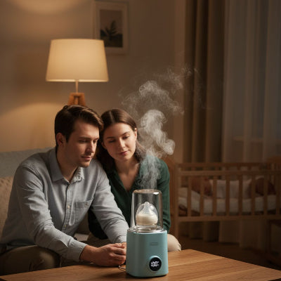 Couple de parents observant un chauffe biberon électrique BabyHeat™ en fonctionnement sur une table basse, affichant 100°C avec vapeur visible, idéal comme chauffe biberon lait maternel rapide et préparateur de biberon bain-marie pour les repas nocturnes.