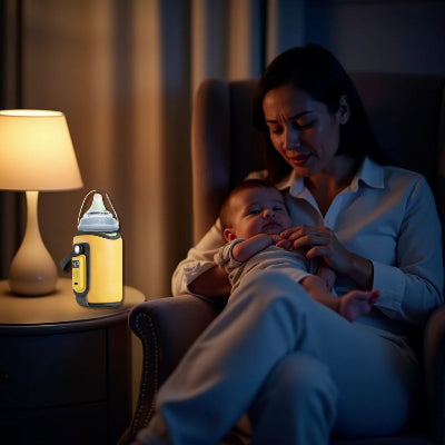 Chauffe biberon nomade utilisé de nuit avec une maman berçant son bébé dans un fauteuil, idéal pour préparer le lait sans déranger le sommeil.