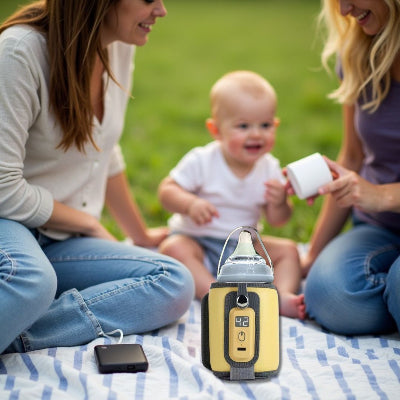 Chauffe biberon nomade posé sur une couverture de pique-nique, utilisé par des mamans en extérieur avec bébé, branché à une batterie externe.