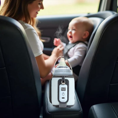 Chauffe biberon nomade branché en voiture grâce au port USB, parfait pour les trajets avec bébé installé dans son siège auto.