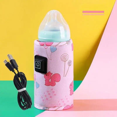 Chauffe-biberon portable motif écureuil rose, connecté via USB, idéal pour des moments de tendresse et des tétées express.