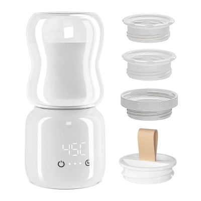 Chauffe biberon sans fil blanc avec affichage LED, livré avec trois adaptateurs universels et un couvercle avec poignée silicone, idéal pour s'adapter à toutes les marques de biberons.