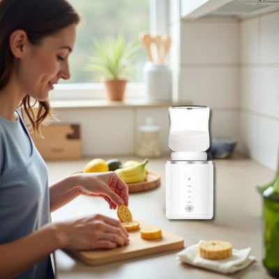 Chauffe biberon ThermoWarm Pro sur le plan de travail à côté de fruits pendant que la maman cuisine.