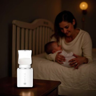 Chauffe biberon ThermoWarm Pro utilisé en mode veille près d’un lit bébé, ambiance tamisée.